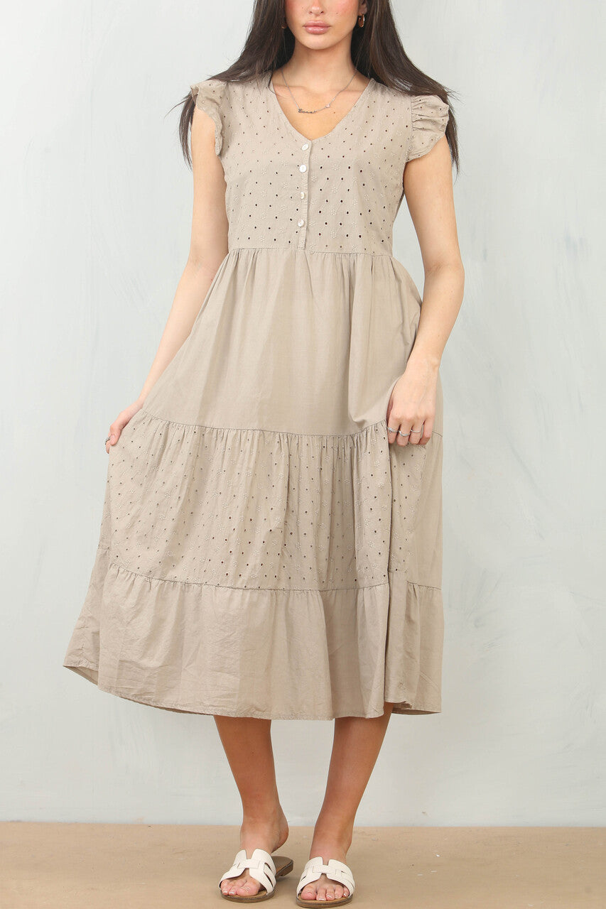 BRODERIE ANGLAISE JURK VAN KATOEN MET KORTE MOUWEN - TAUPE