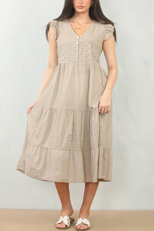 BRODERIE ANGLAISE CAP SLEEVE COTTON DRESS - TAUPE