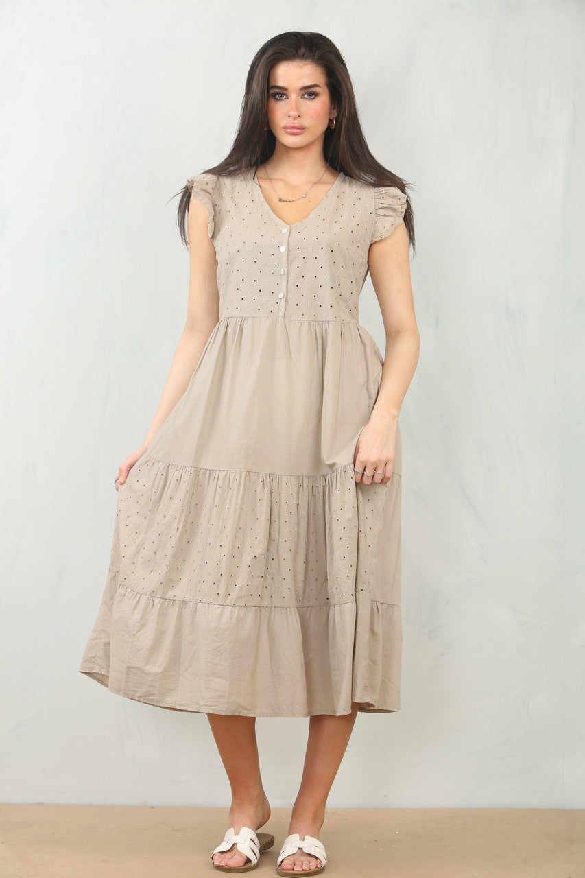 BRODERIE ANGLAISE JURK VAN KATOEN MET KORTE MOUWEN - TAUPE