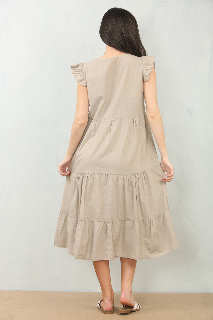 BRODERIE ANGLAISE JURK VAN KATOEN MET KORTE MOUWEN - TAUPE