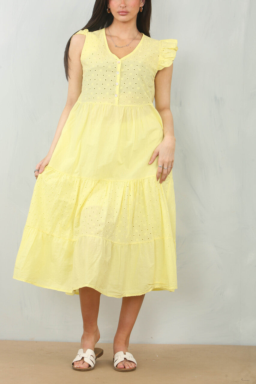 BRODERIE ANGLAISE CAP SLEEVE COTTON DRESS - LEMON