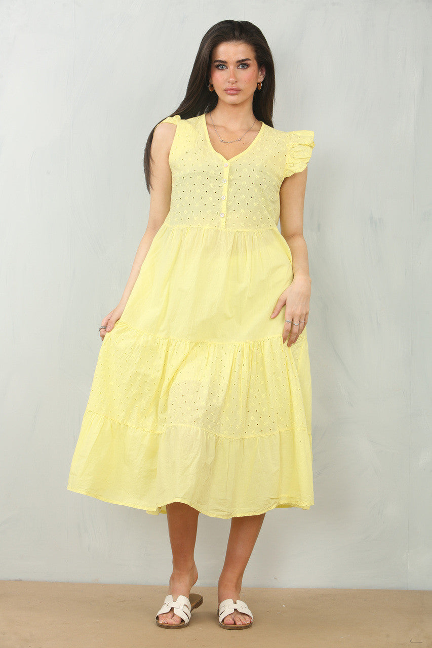 BRODERIE ANGLAISE CAP SLEEVE COTTON DRESS - LEMON