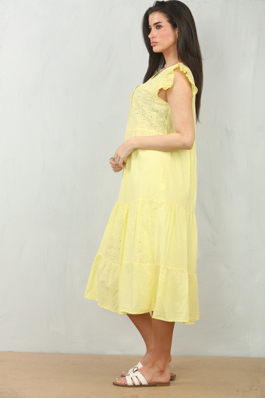 BRODERIE ANGLAISE CAP SLEEVE COTTON DRESS - LEMON