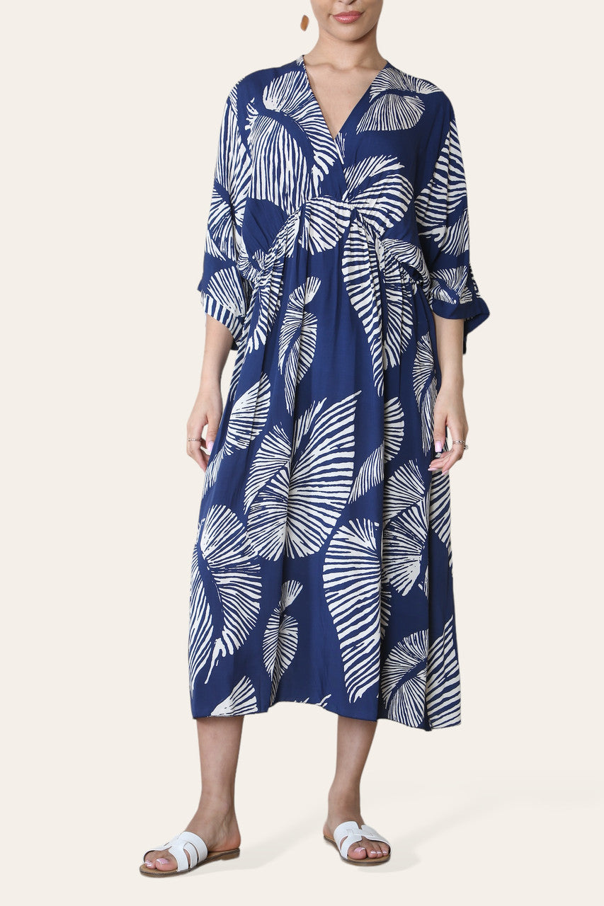MAXIJURK MET PALMBLAADPRINT NAVY