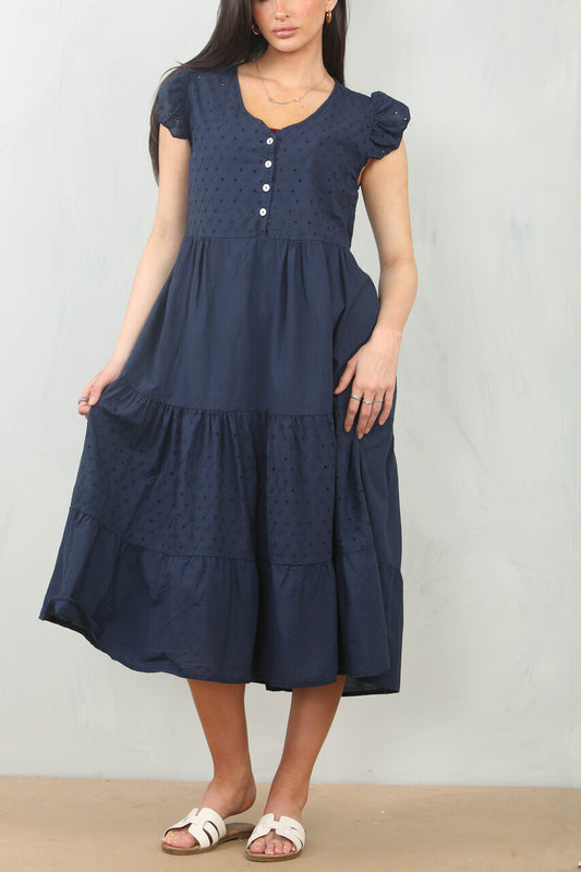BRODERIE ANGLAISE CAP SLEEVE COTTON DRESS - NAVY