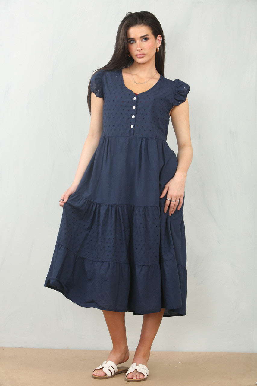 BRODERIE ANGLAISE CAP SLEEVE COTTON DRESS - NAVY