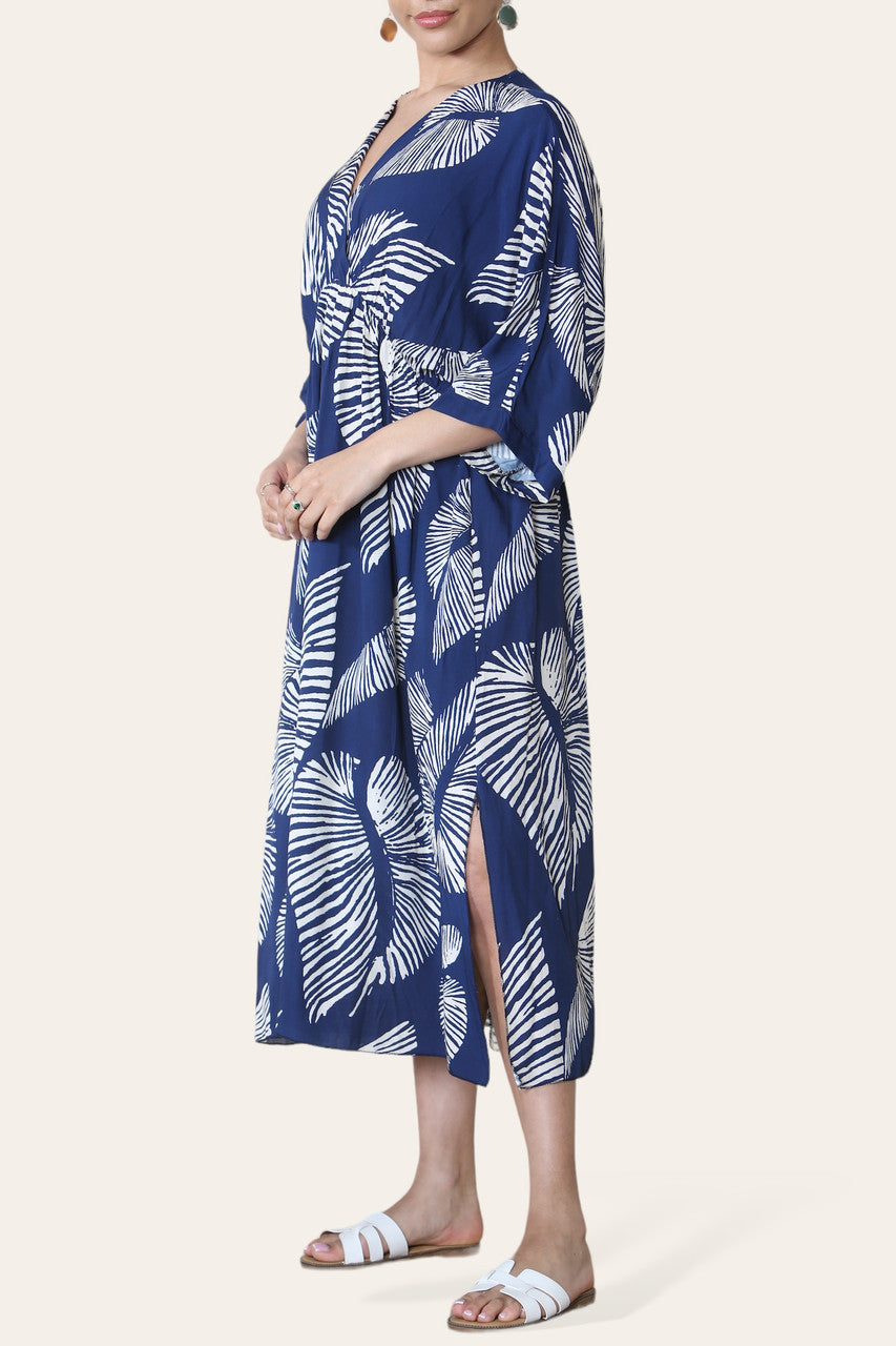 MAXIJURK MET PALMBLAADPRINT NAVY