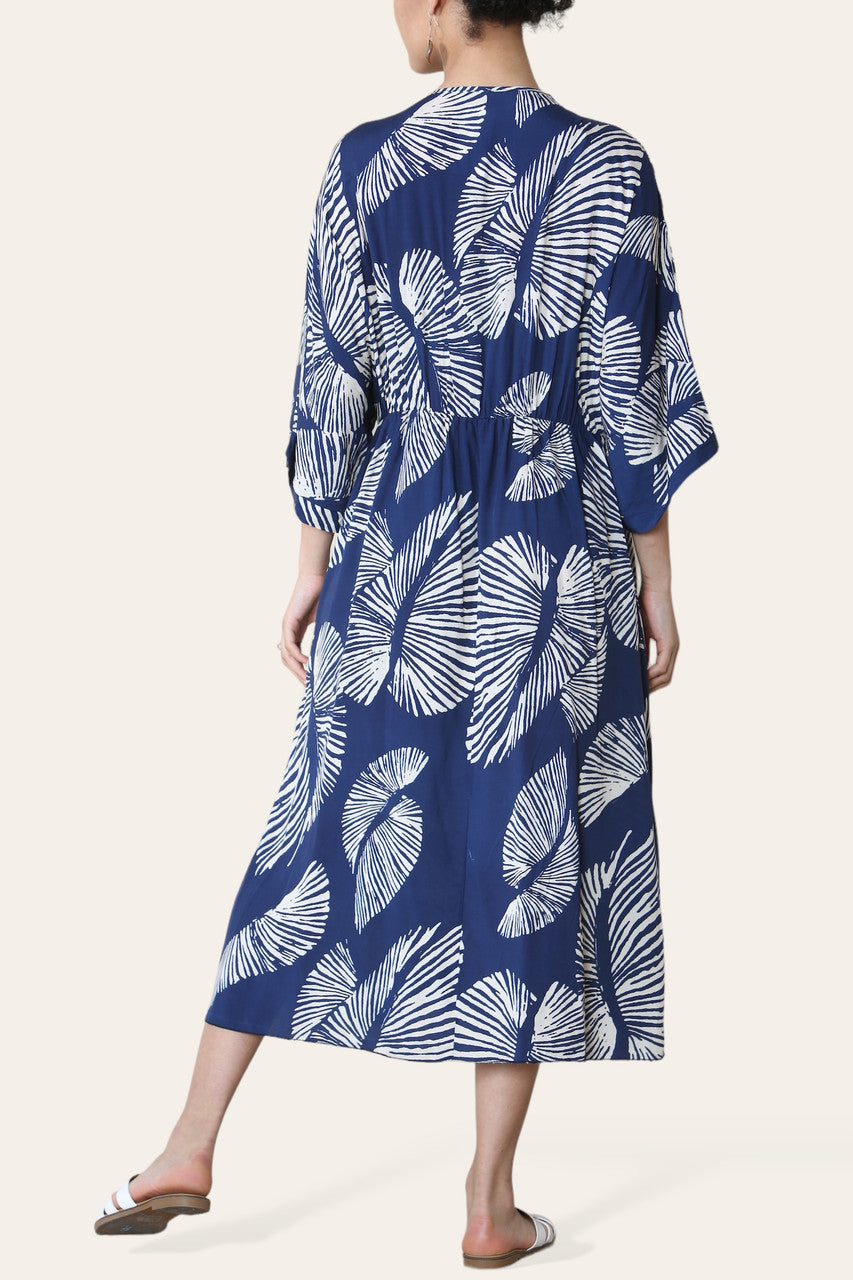 MAXIJURK MET PALMBLAADPRINT NAVY