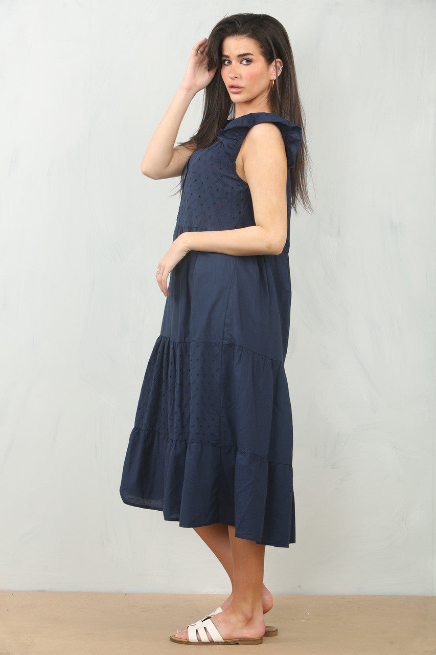 BRODERIE ANGLAISE CAP SLEEVE COTTON DRESS - NAVY