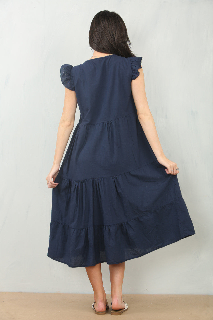 BRODERIE ANGLAISE CAP SLEEVE COTTON DRESS - NAVY