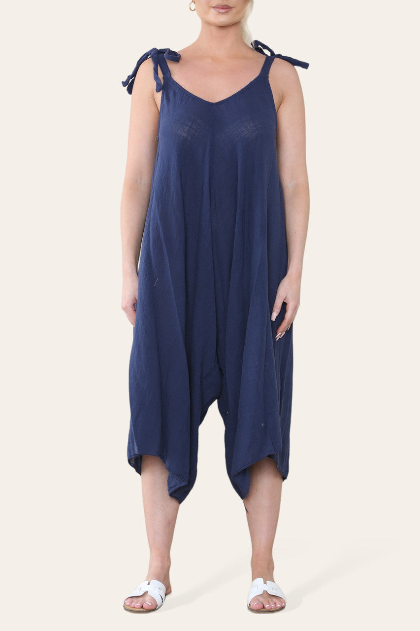 KATOENEN JUMPSUIT MET STRIK DETAILS OP DE SCHOUDERS NAVY