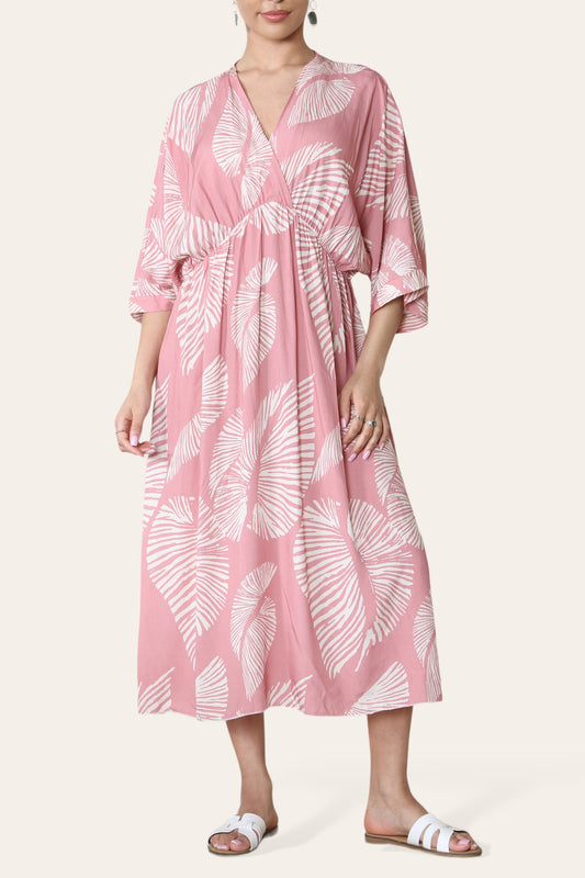 PALM LEAF PRINT MAXI DRESS PINK