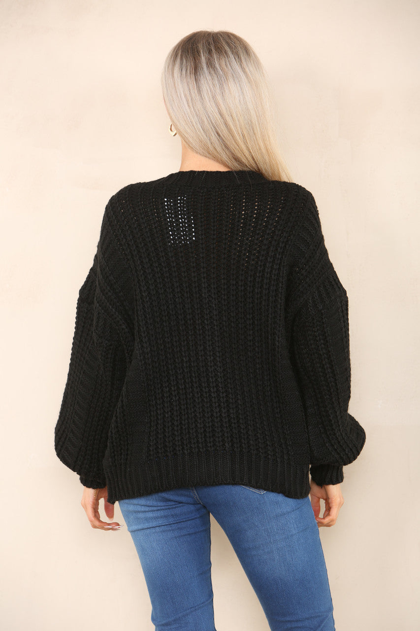 KABELGEBREID VEST MET KNOPEN ZWART
