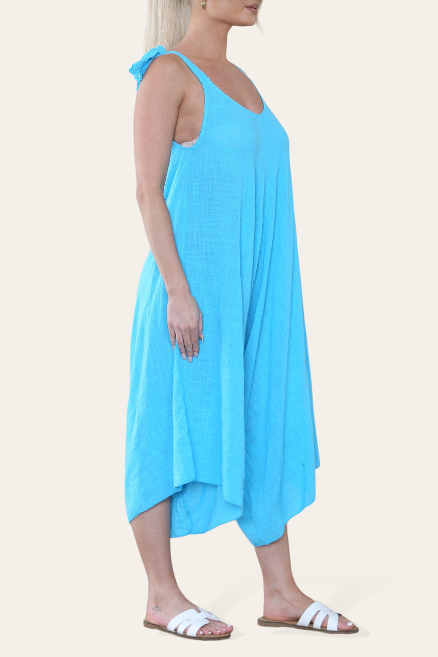 JUMPSUIT VAN KATOEN MET STROPDERS TURQUOISE