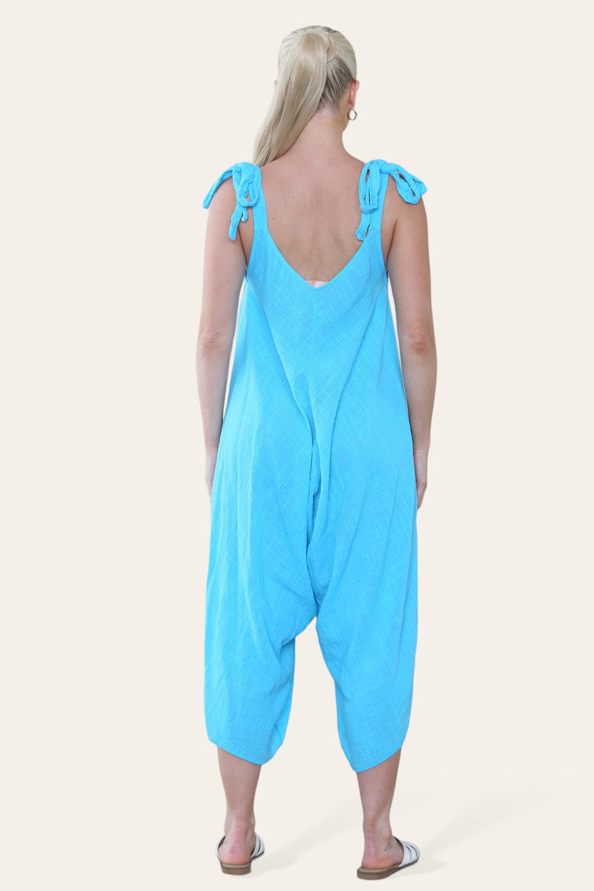 JUMPSUIT VAN KATOEN MET STROPDERS TURQUOISE