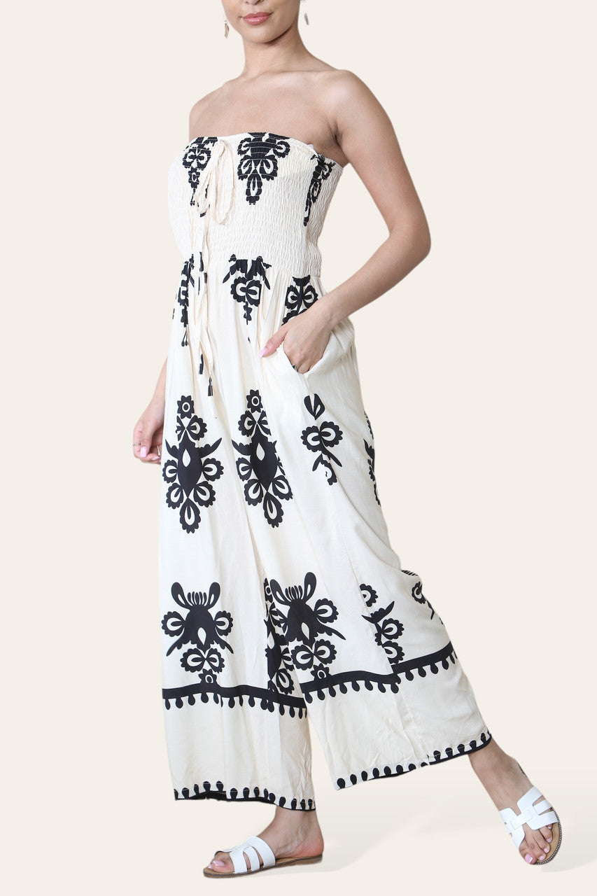 BANDEAU SHIRRED PRINTED JUMPSUIT CREAM