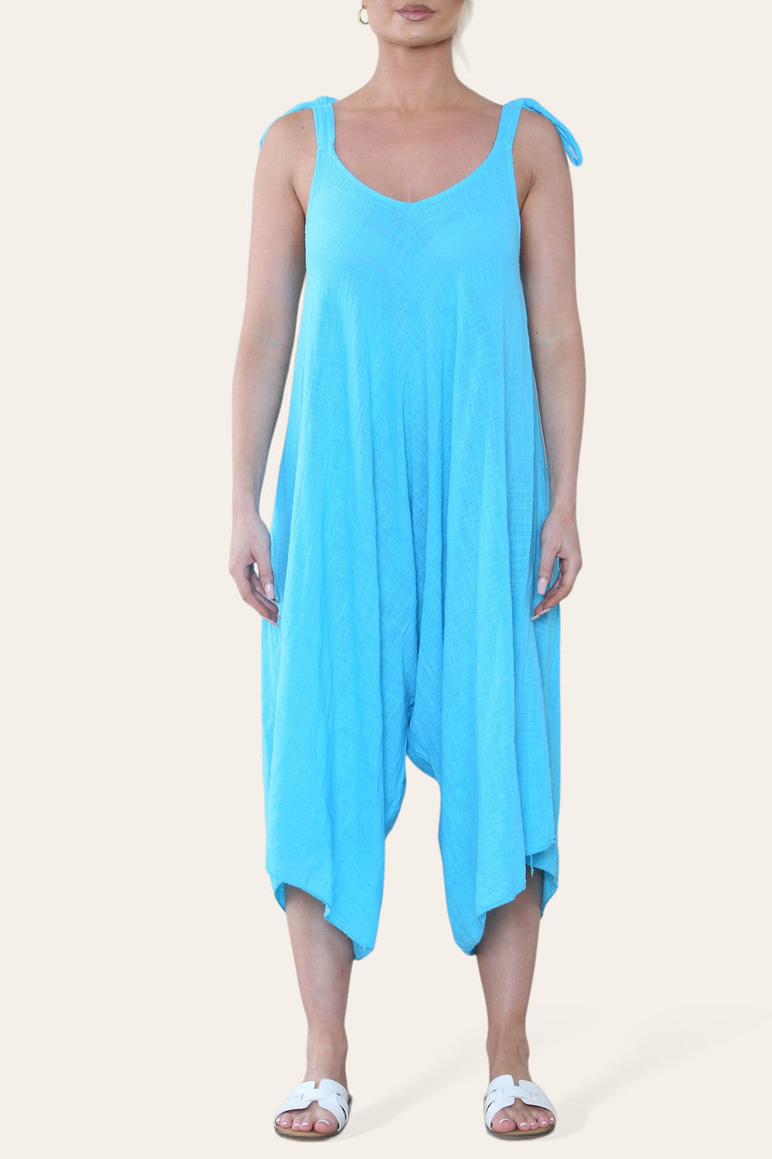 JUMPSUIT VAN KATOEN MET STROPDERS TURQUOISE