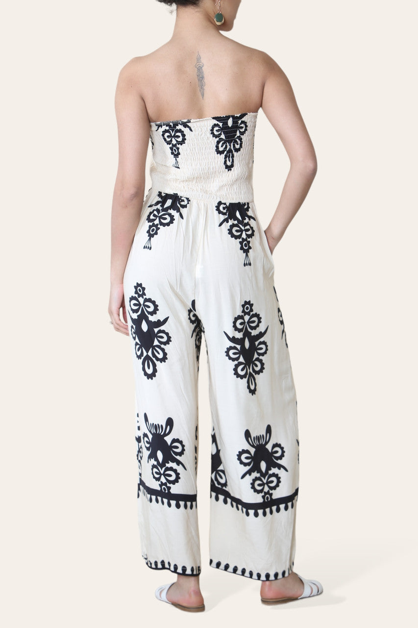 BANDEAU SHIRRED PRINTED JUMPSUIT CREAM