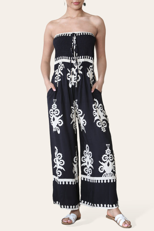 BANDEAU GECREPPT BEDRUKT JUMPSUIT ZWART