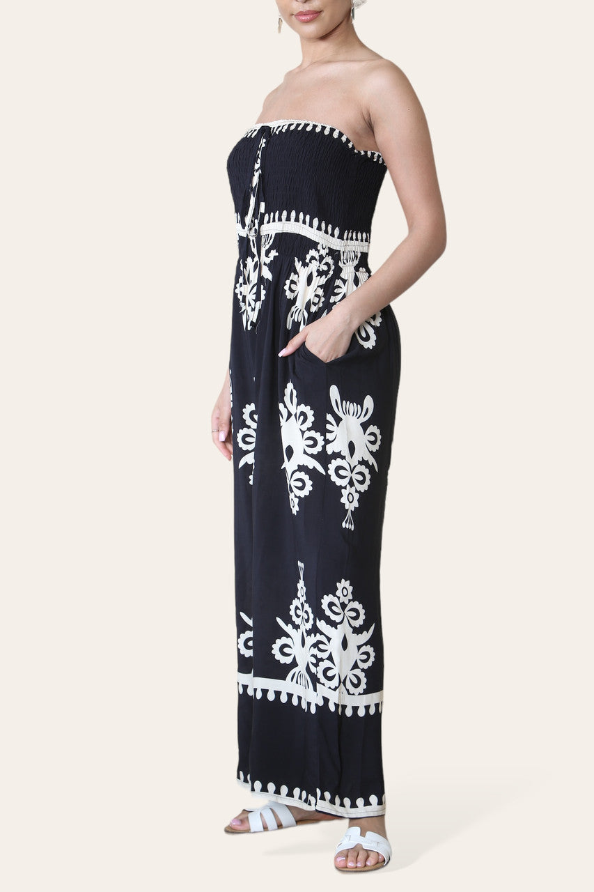 BANDEAU GECREPPT BEDRUKT JUMPSUIT ZWART
