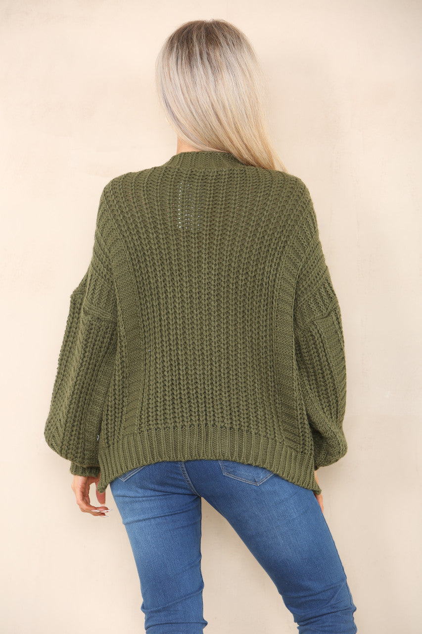 KABELGEBREID VEST MET KNOPEN SLUITING KHAKI