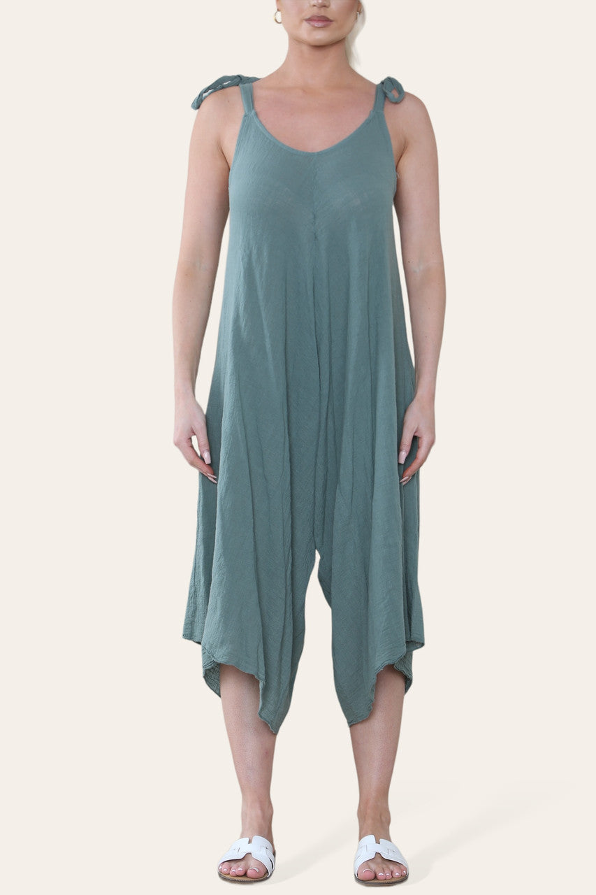 JUMPSUIT MET STRIK SCHOUDERBANDEN KAKI KATOEN