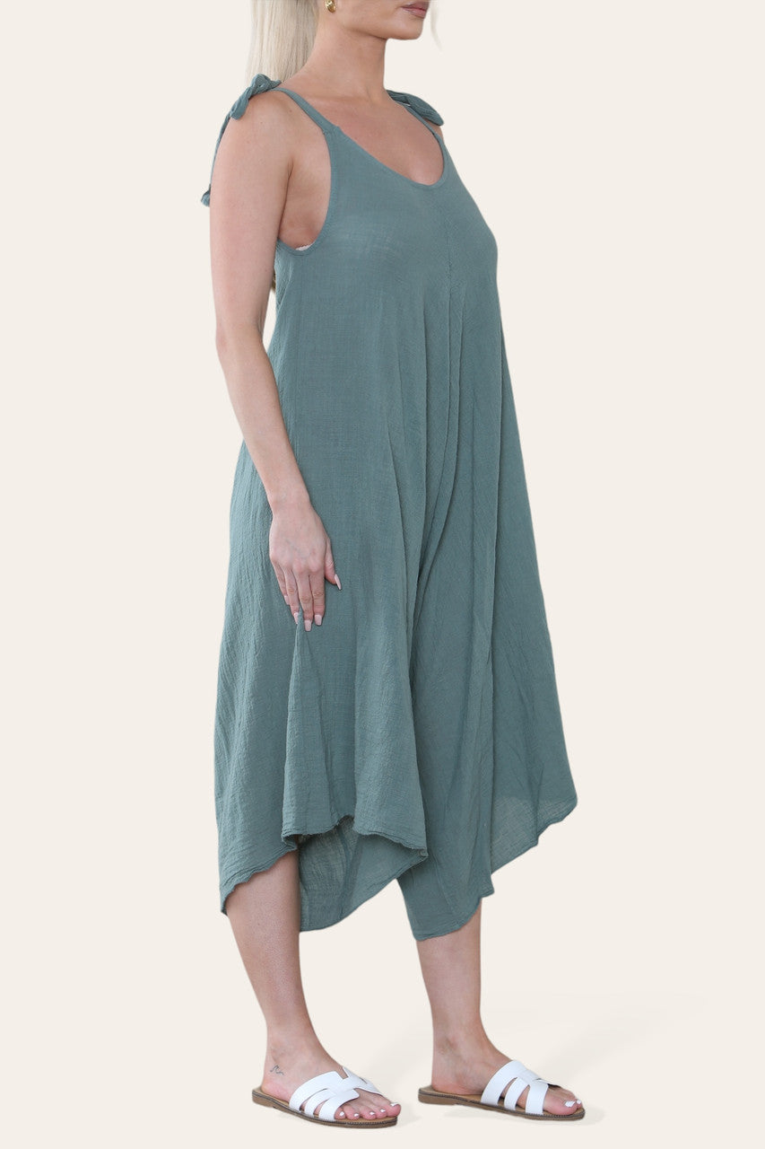 JUMPSUIT MET STRIK SCHOUDERBANDEN KAKI KATOEN
