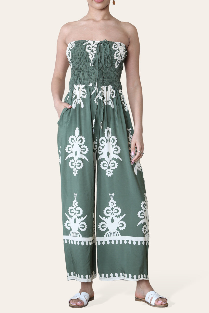 BANDEAU SHIRRED PRINTED JUMPSUIT KHAKI
