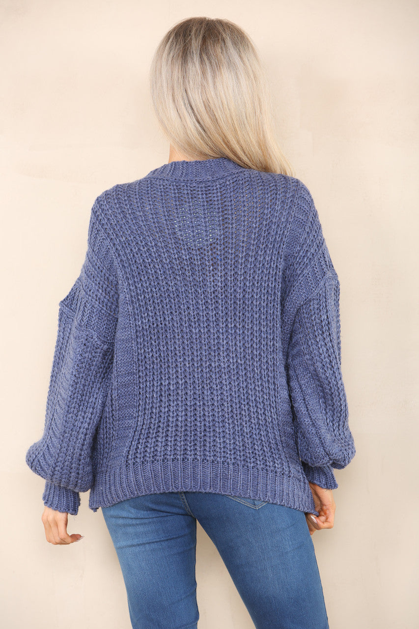 KABELGEBREID VEST MET KNOPEN DENIM