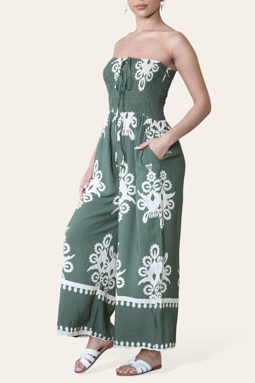 BANDEAU SHIRRED PRINTED JUMPSUIT KHAKI