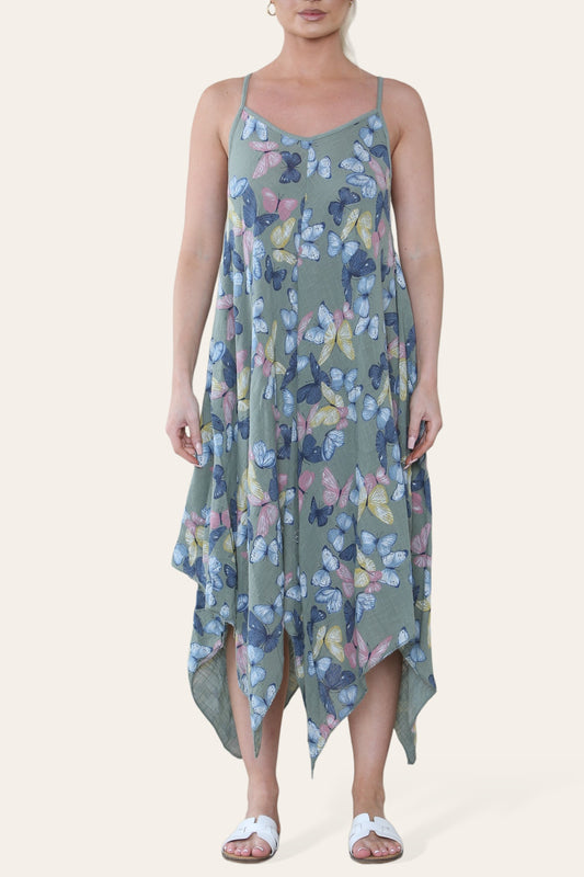 BUTTERFLY PRINT STRAPPY DRESS KHAKI
