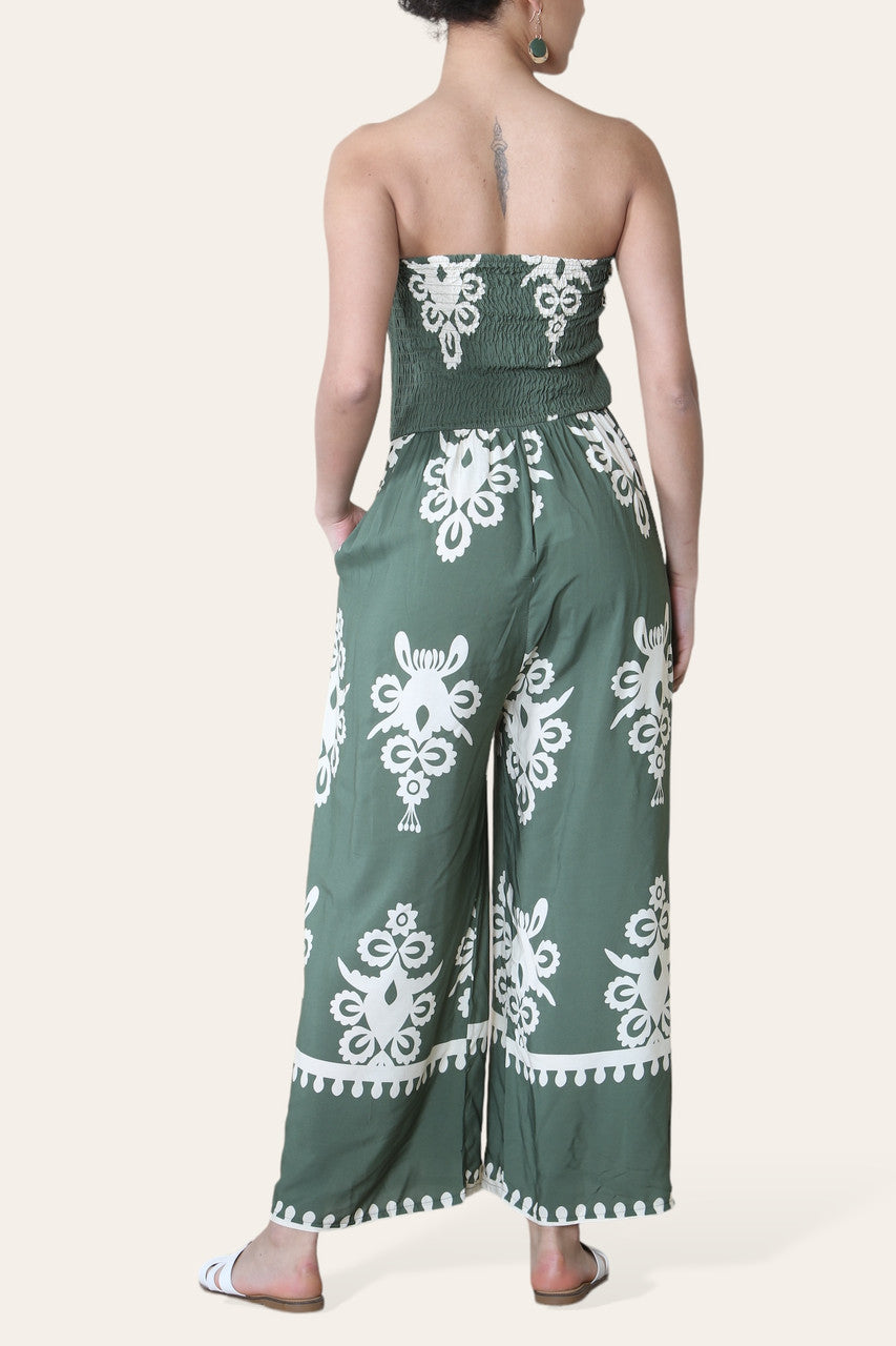 BANDEAU SHIRRED PRINTED JUMPSUIT KHAKI