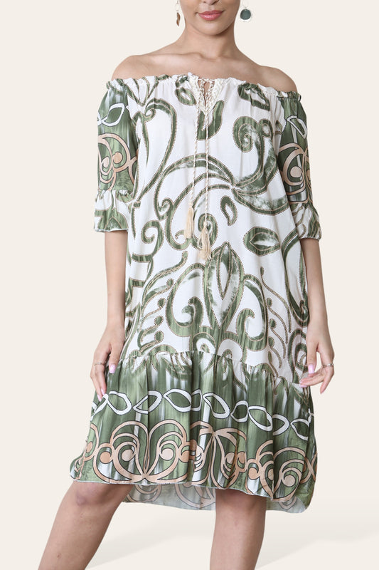 ABSTRACT ART PRINT BARDOT DRESS KHAKI