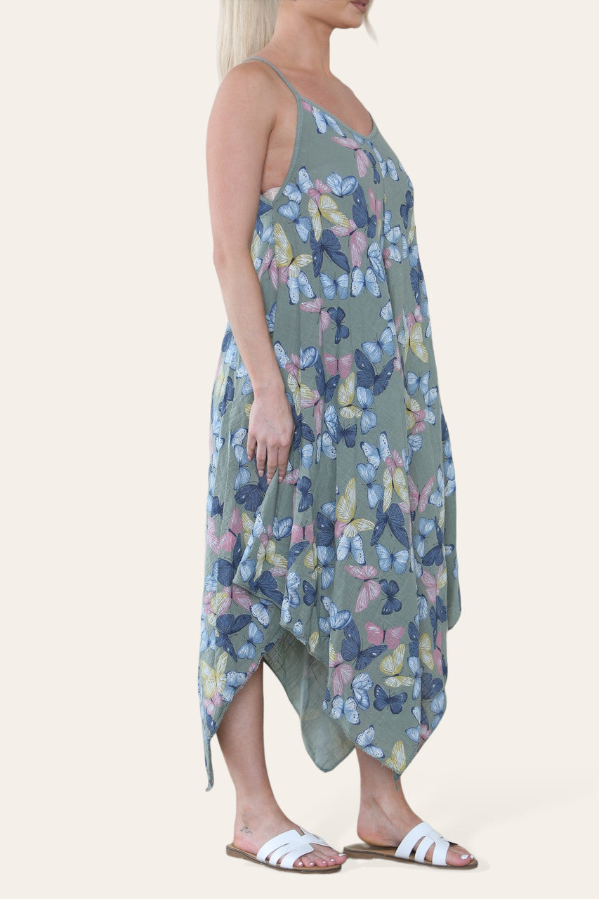 STRAIGHT JURK MET VLINDERPRINT KAKI