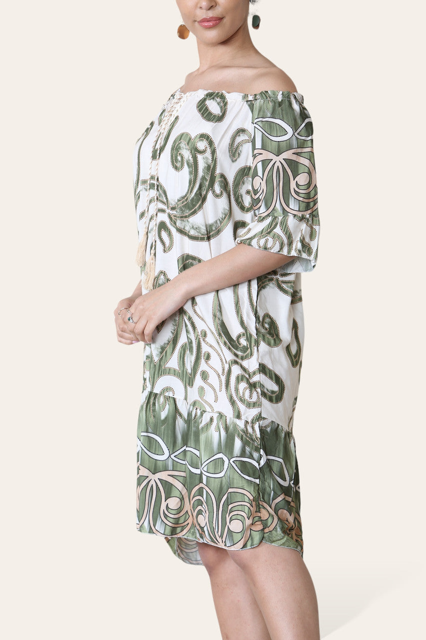 ABSTRACTE KUNSTPRINT BARDOT JURK KAKI