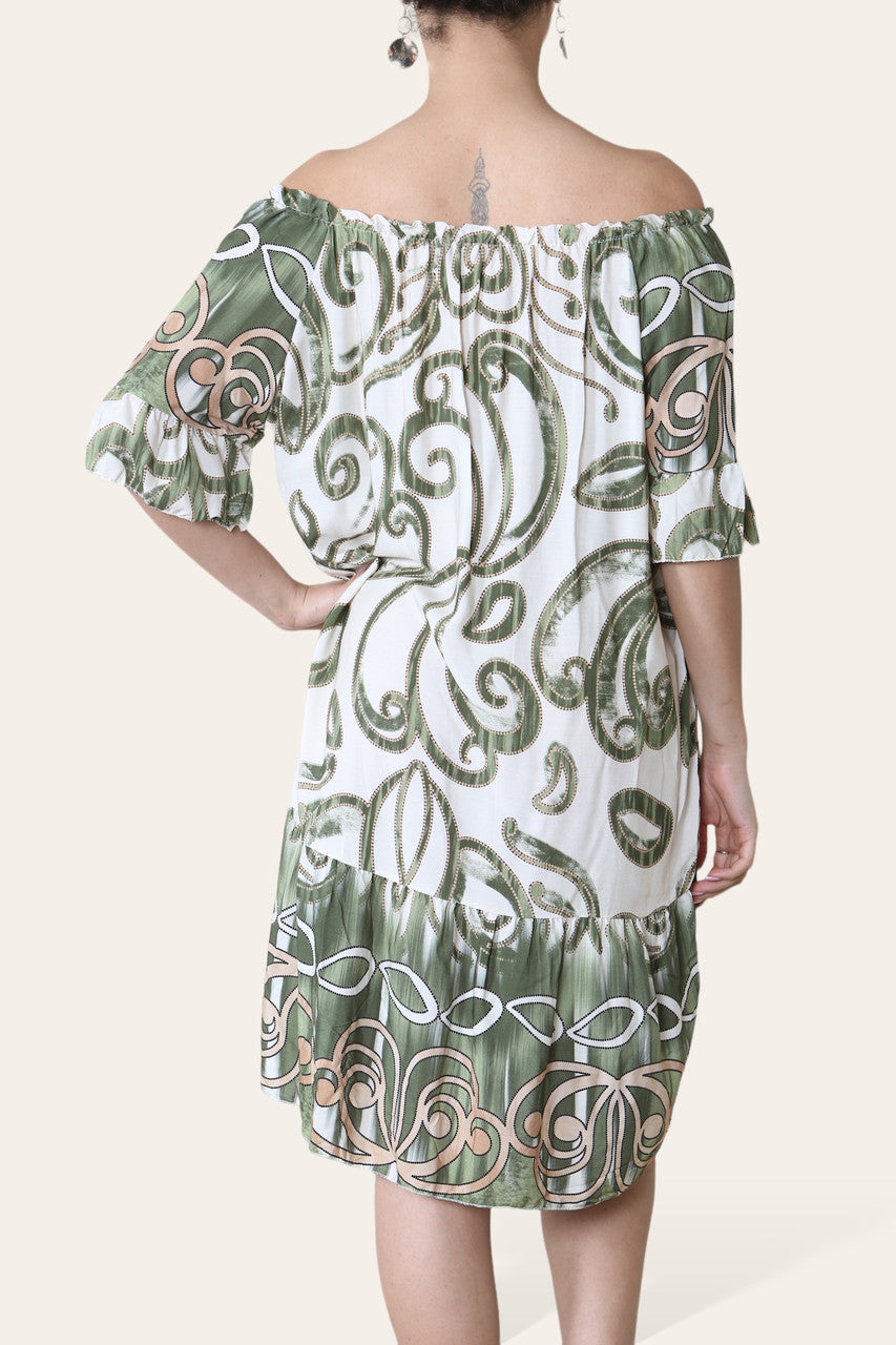 ABSTRACTE KUNSTPRINT BARDOT JURK KAKI