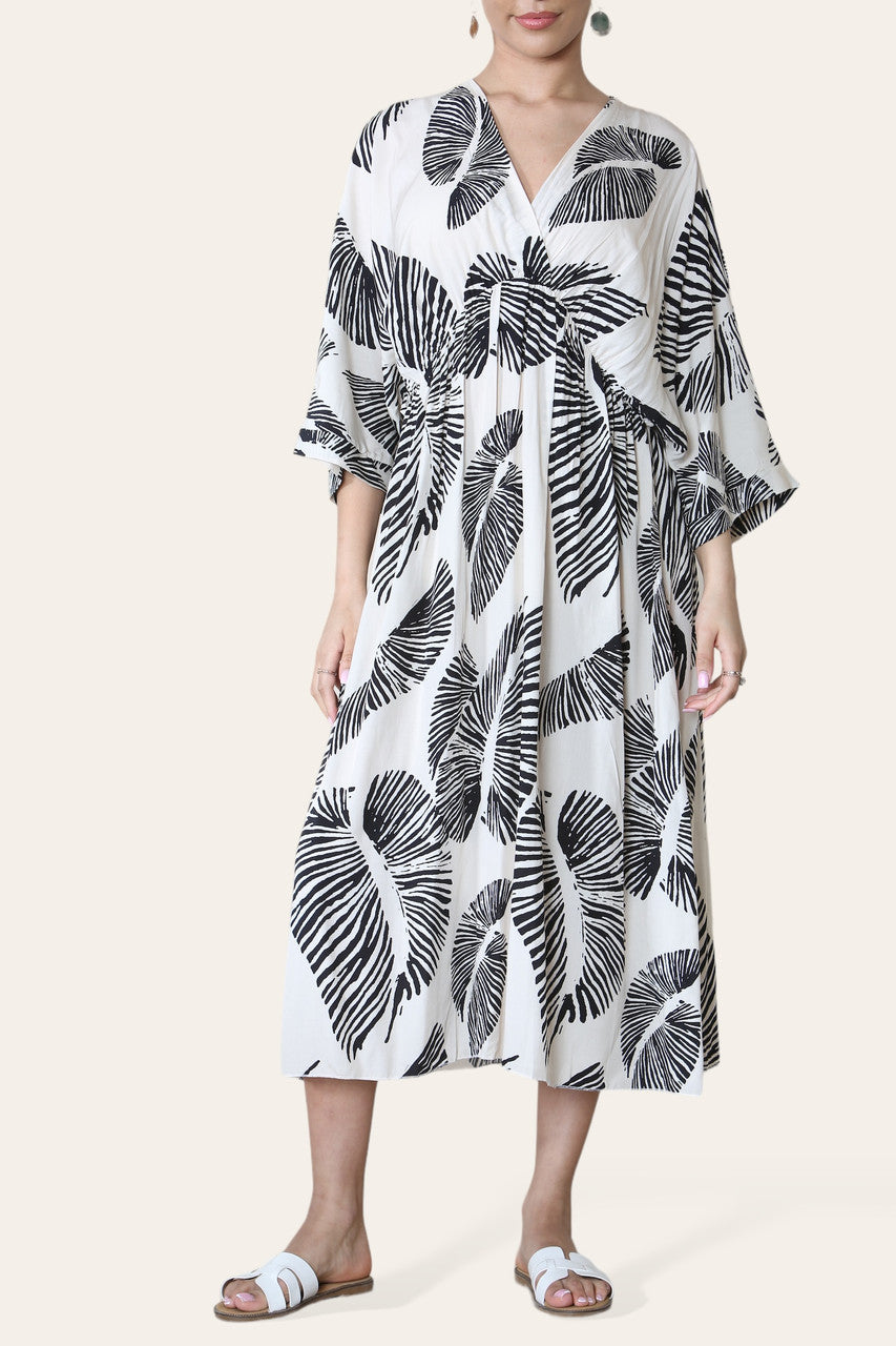 MAXIJURK MET PALMBLAADPRINTS - WIT