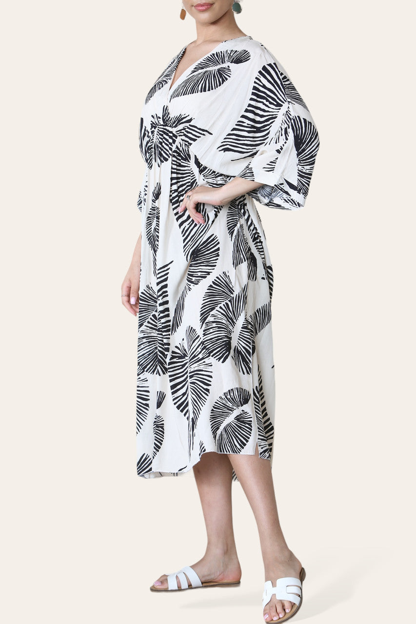 MAXIJURK MET PALMBLAADPRINTS - WIT