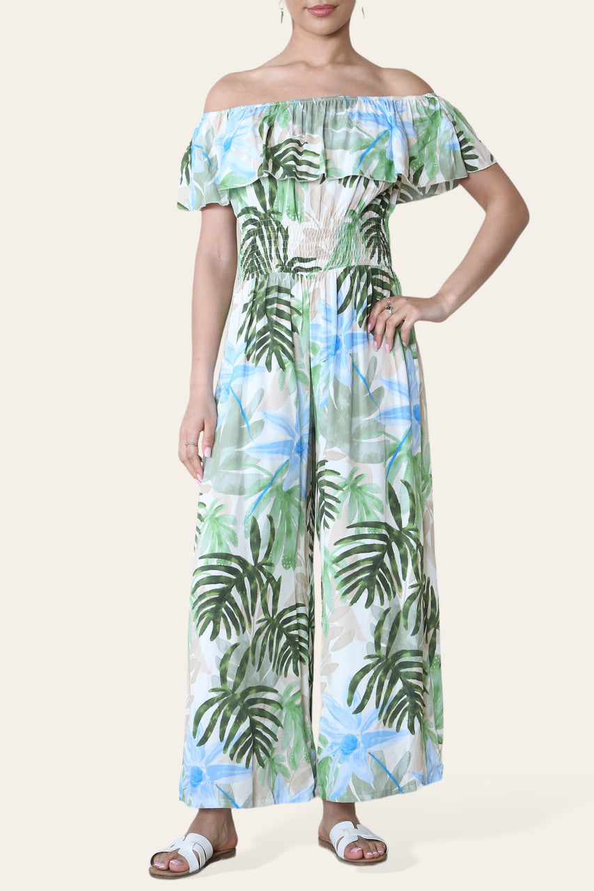 TROPISCHE BLADPRINT OFF SHOULDER JUMPSUIT KAKI