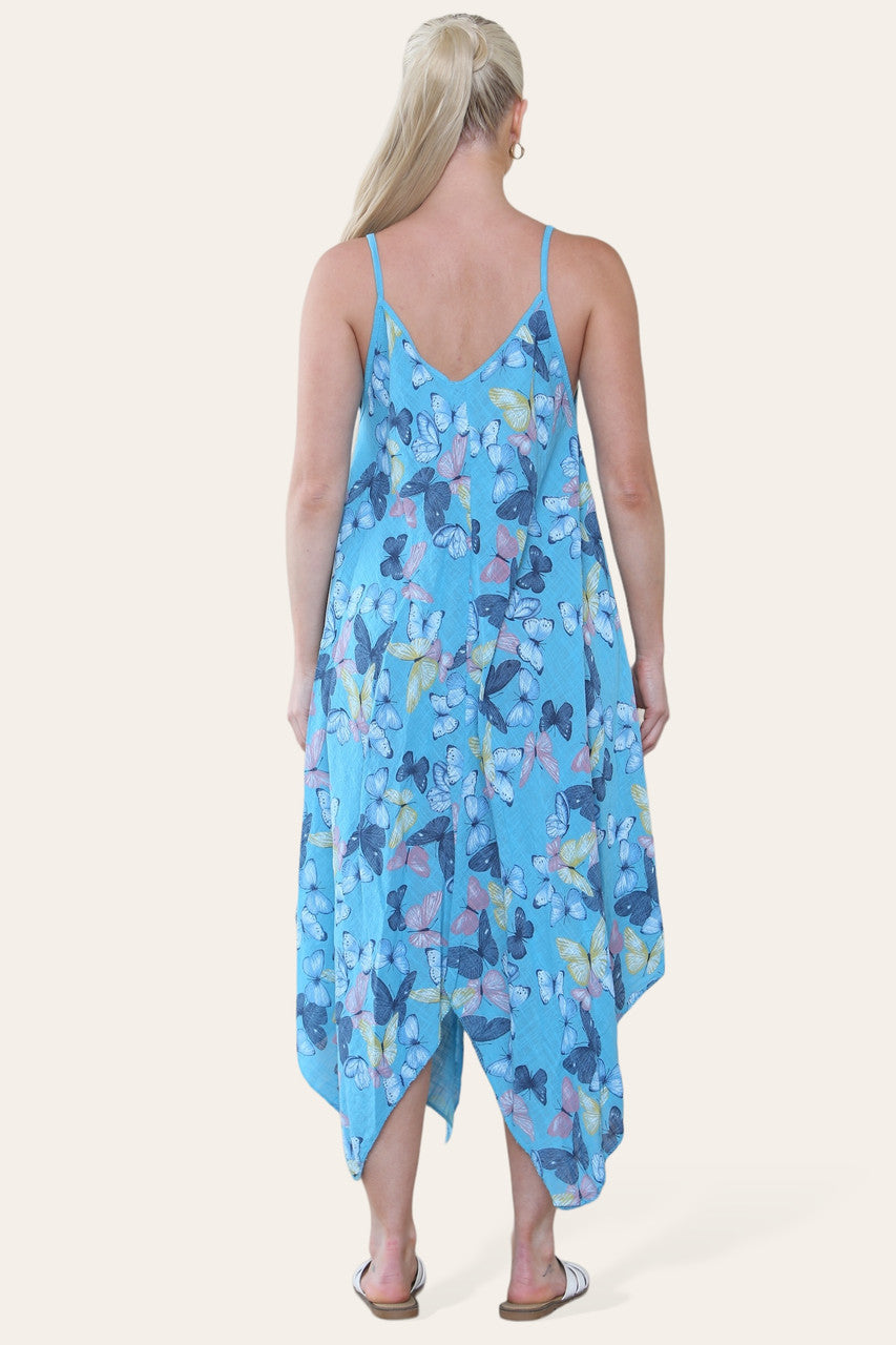 JURK MET VLINDERPRINT EN SPAGHETTIBANDJES TURKOOIS