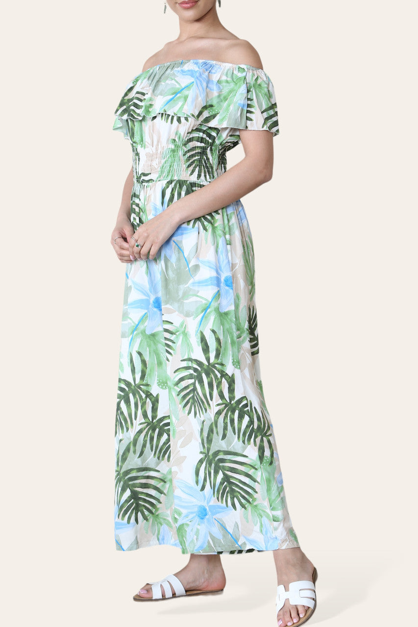 TROPISCHE BLADPRINT OFF SHOULDER JUMPSUIT KAKI