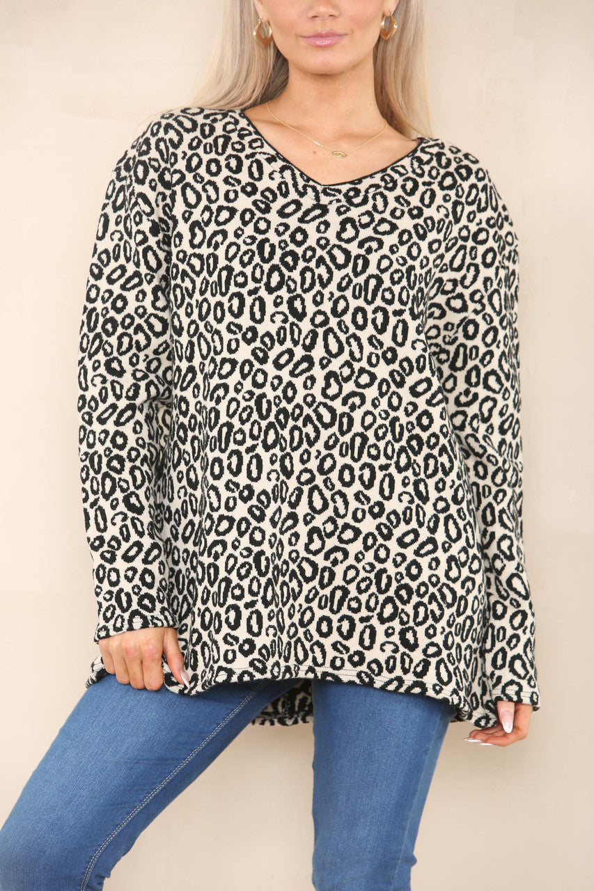 LEOPARD PRINT DOUBLE KNIT JUMPER STONE