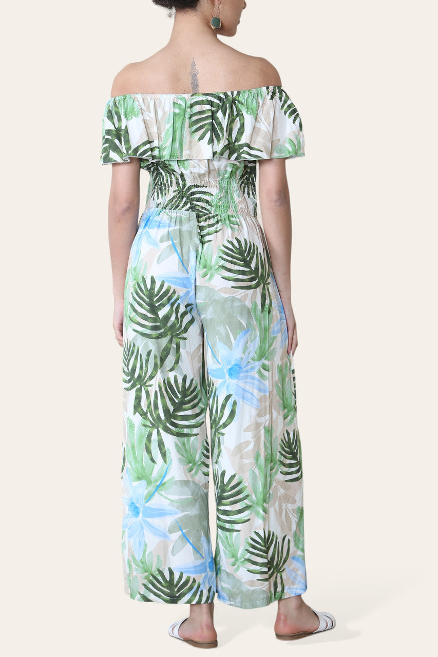 TROPISCHE BLADPRINT OFF SHOULDER JUMPSUIT KAKI