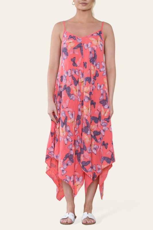 BUTTERFLY PRINT STRAPPY DRESS CORAL