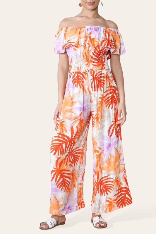 TROPISCHE BLADPRINT OFF-SHOULDER JUMPSUIT ORANJE