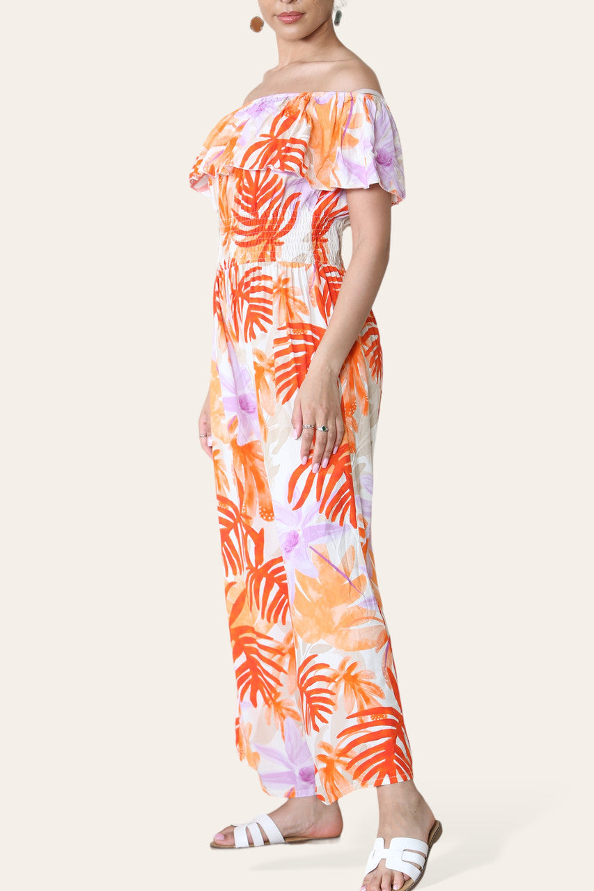 TROPISCHE BLADPRINT OFF-SHOULDER JUMPSUIT ORANJE