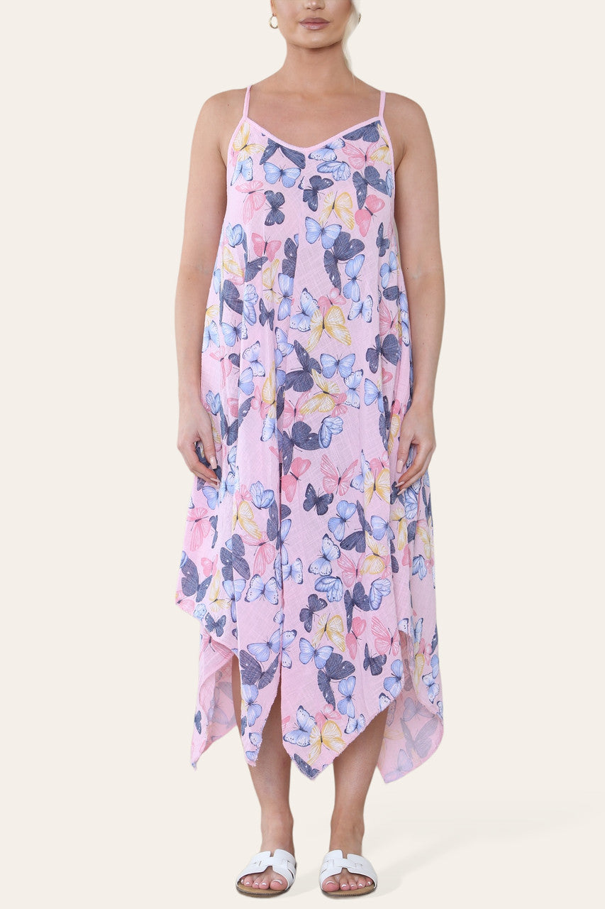 JURK MET VLINDERPRINT EN SPAGHETTIBANDJES ROZE