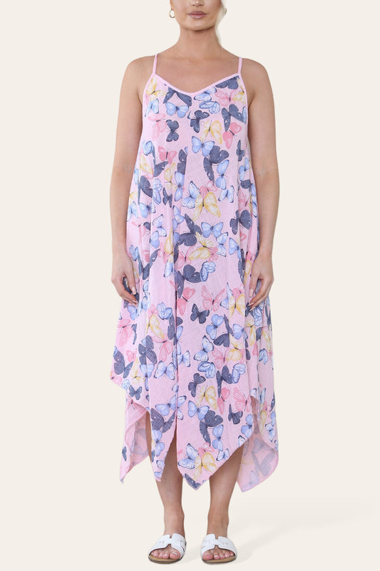 BUTTERFLY PRINT STRAPPY DRESS PINK