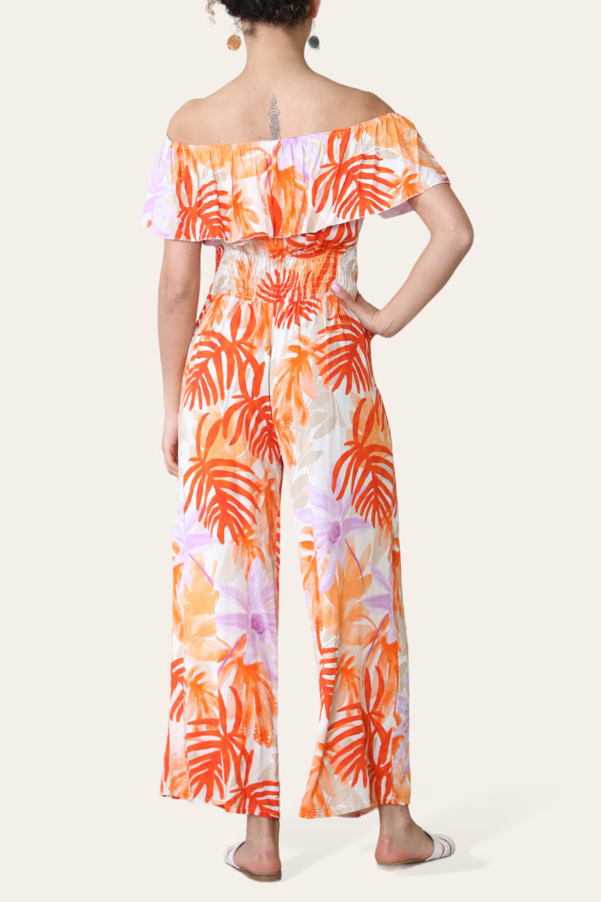 TROPISCHE BLADPRINT OFF-SHOULDER JUMPSUIT ORANJE