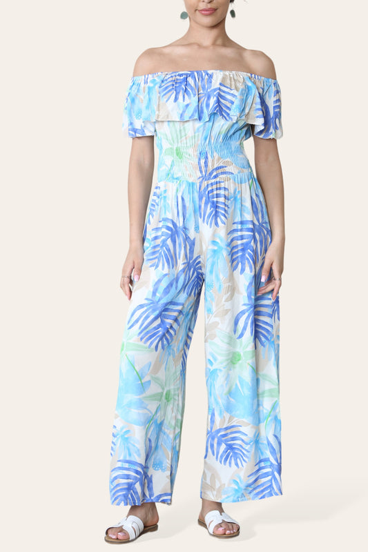 TROPISCHE BLADPRINT OFF-SHOULDER JUMPSUIT BLAUW